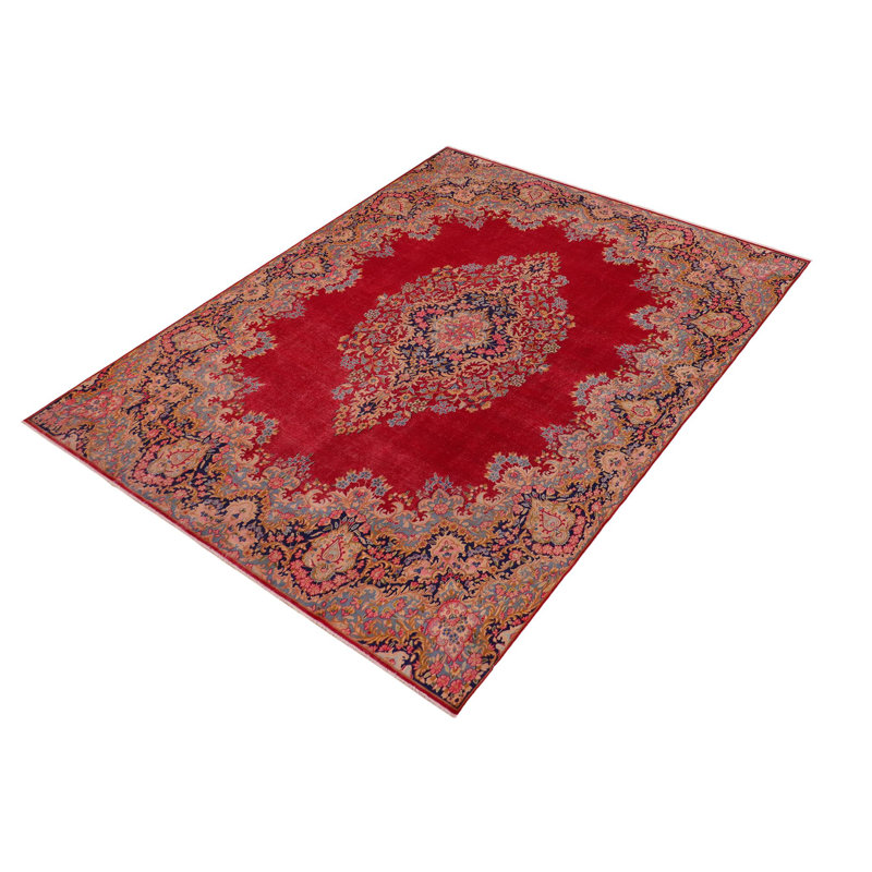 Tapis rectangulaire à motif oriental en laine noué à la main 9 pi 8 po x 13 pi 1 po rouge / noir / bleu Hartington