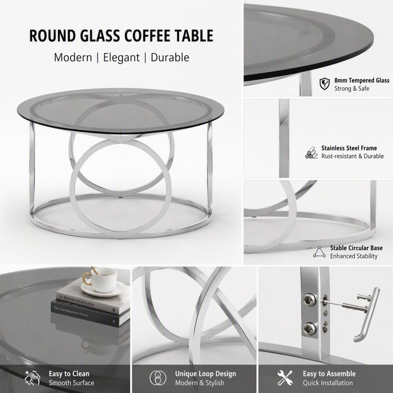 Table basse ronde en verre de 80 cm avec cadre métallique circulaire, Gold&Clear