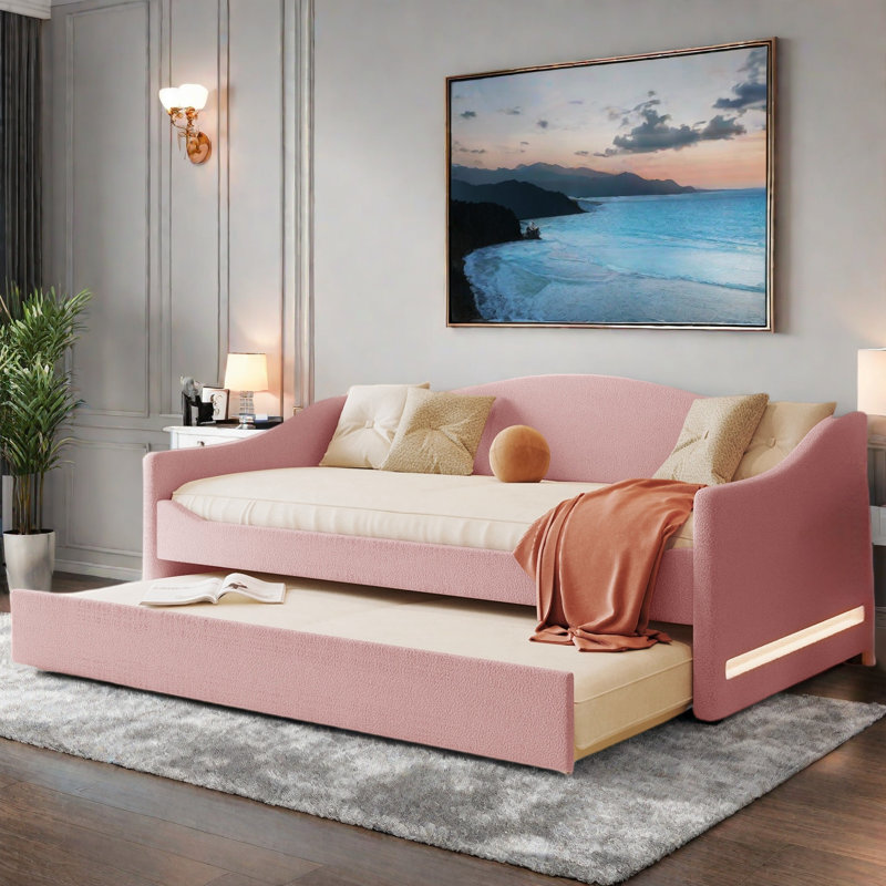 Upholstered Daybed With Led Light And Trundle, Pink