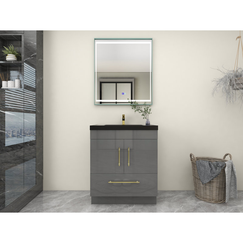 Ensemble de meuble-lavabo simple 30 po Camoni, Gris ultrabrillant, Or mat