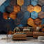 Panneau mural moderne moderne en bois hexagonal bleu-brun-250168463