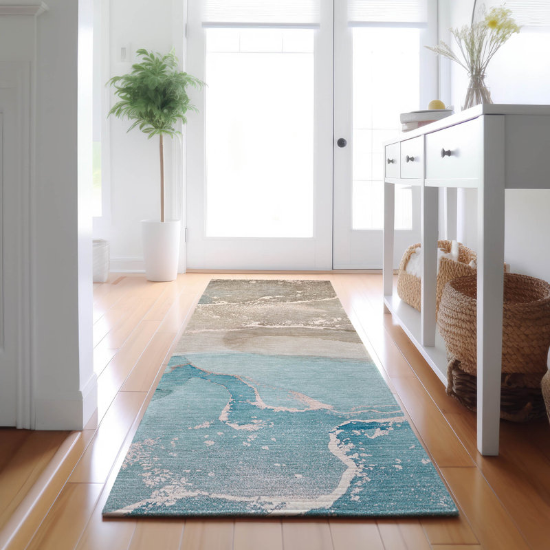 Premium Machine Washable Cerrito AMF517 Teal 8' x 8' Round Rug, Tapis de couloir 2 pi 3 po x 7 pi 6 po