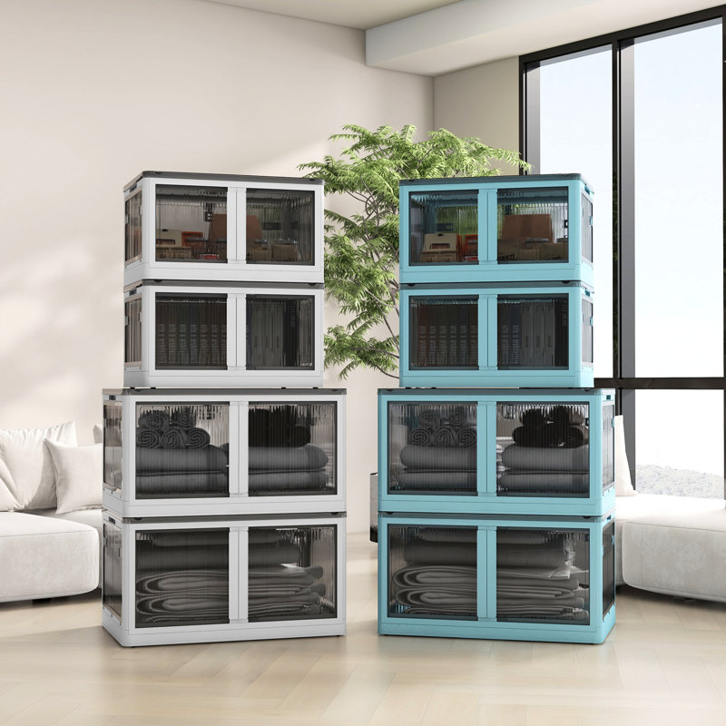 32 bacs de rangement empilables, 3 unités en plastique pliables. Rangez les couvertures et les aliments pour animaux. 5 accès. Blanc. Bacs de 19,41 po x H 15,75 po avec couvercles. Boîte. Polyvalent pour différentes utilisations. Pliant. Sécurisé
