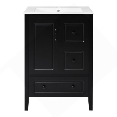 Meuble-lavabo 24 po avec lavabo, une armoire avec porte à fermeture douce, 3 tiroirs à fermeture douce, poignées en métal rétro, noir