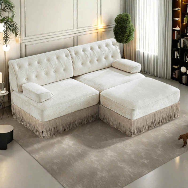 Canapé Chesterfield en L en forme de L, Beige