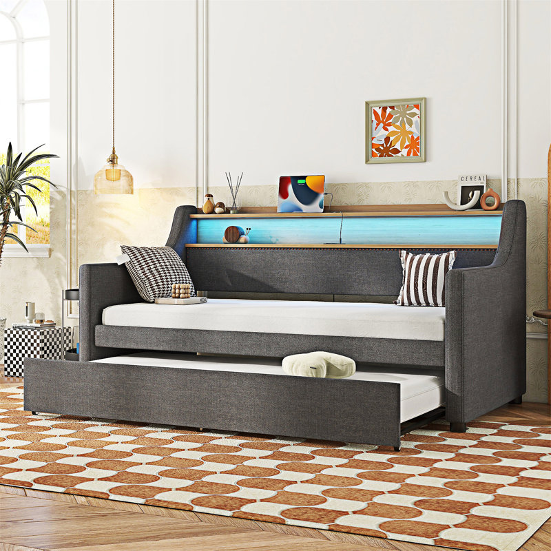 Upholstered Daybed With Trundle And Charging Station, Gray