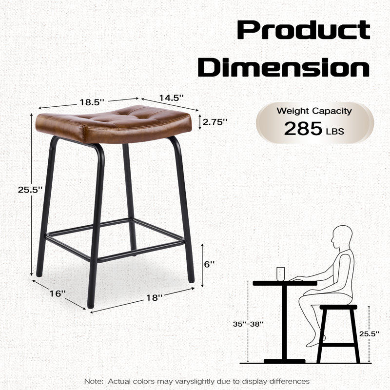 25.5''H Faux Leather Counter Stools for Kitchen Island Set of 2, Backless Saddle Counter Height Bar Stools with Metal Frame & Footrest, Yellow Brown
