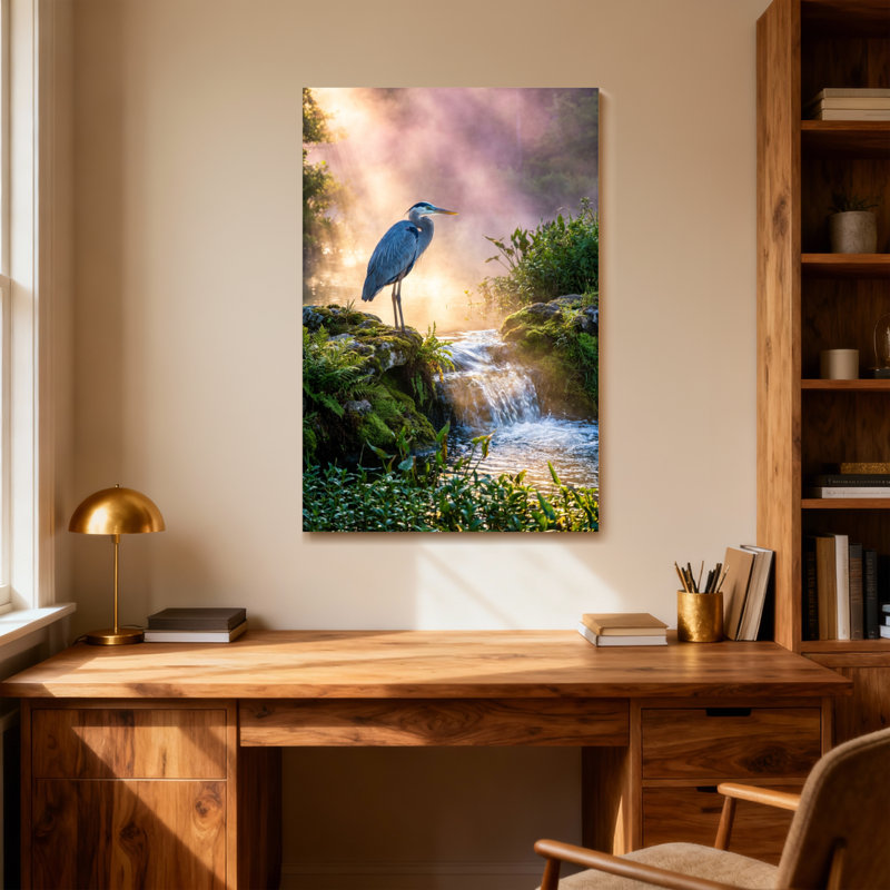 Animaux, ruisseau brumeux, héron, scène de la nature, H 40 po x l 28 po