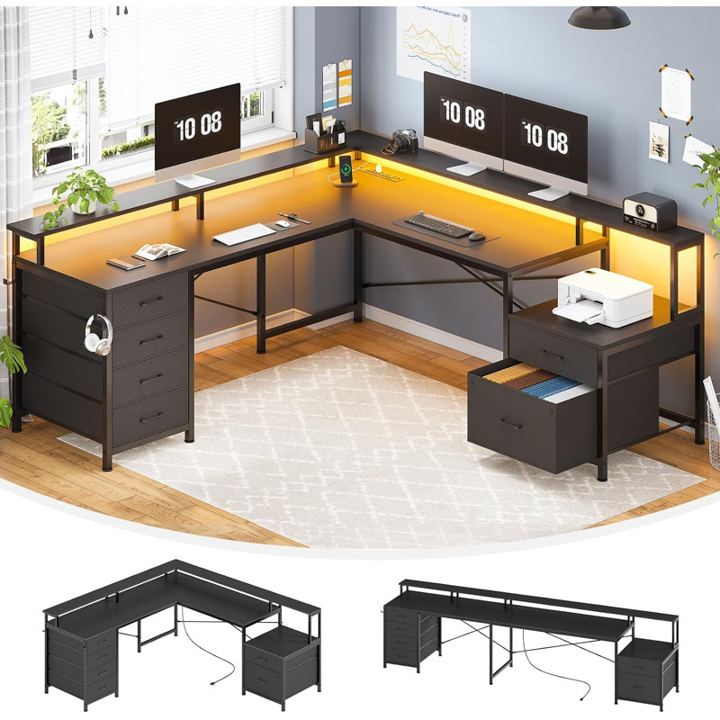 Rockville 108.2'' W L-Shaped Computer Desk with Drawers and Power Outlets, Black