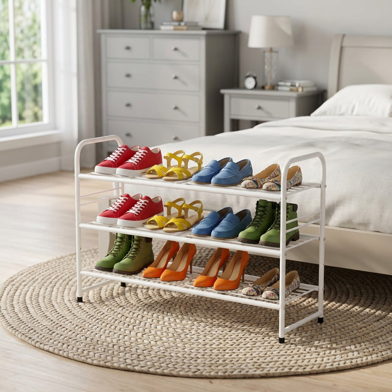 33'' Wide 3-Tier Metal Shoe Rack Shelf for Closet Stackable and Adjustable, White