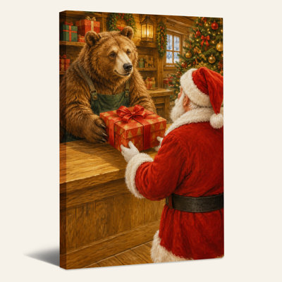 Brown Bear in Green Overalls Receiving Red Gift Christmas Canvas Wall Art