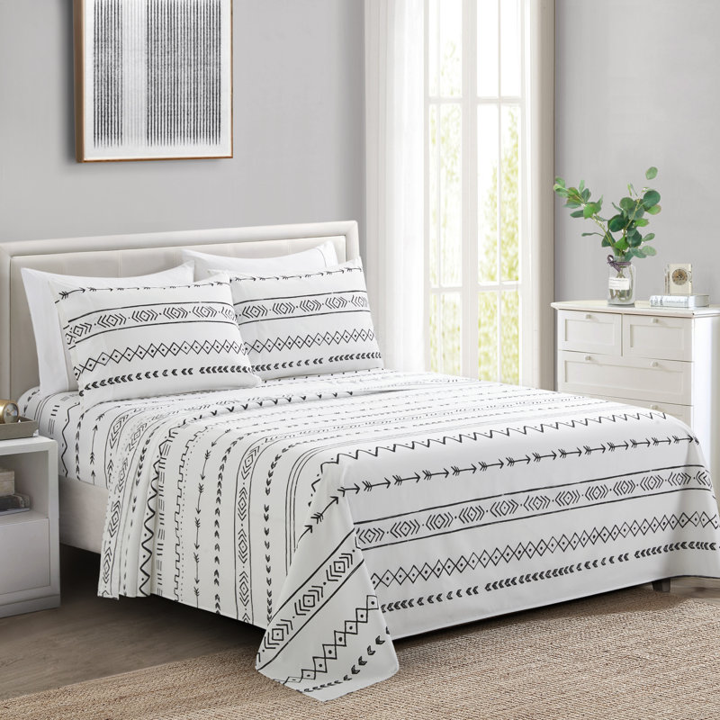 Ensemble de draps en rayonne de bambou toutes saisons 6 pièces avec 4 taies d'oreiller, Marina, Blanc / noir, Géométrique