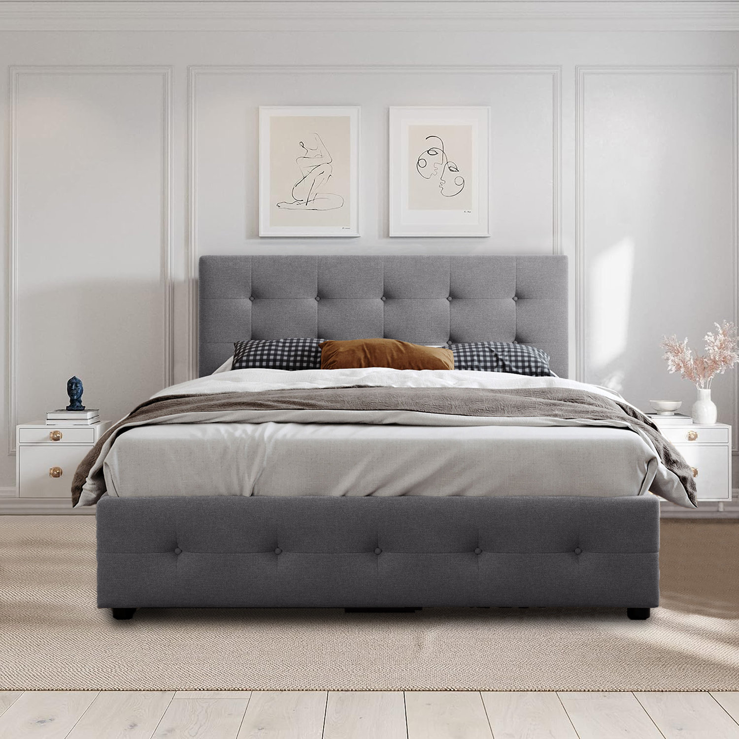 VECELO Upholstered Platform Bed Frame with Height-Adjustable Cotton an