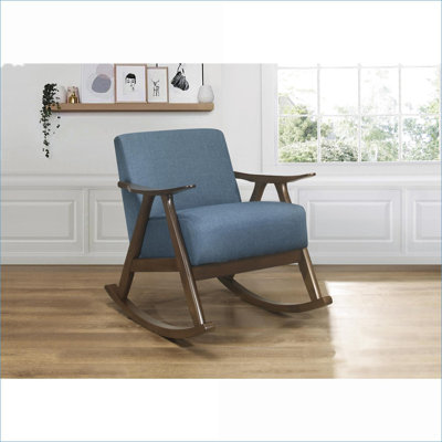 Sky Blue Upholstered Rocking Accent Chair, Dark Brown Walnut Finish Wood Frame, Cushioned Seat &amp; Back for Living Room Bedroom Adults