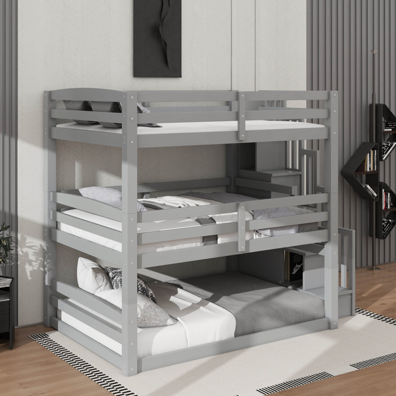 Full Size Triple Bunk Bed With Staircase, Gray