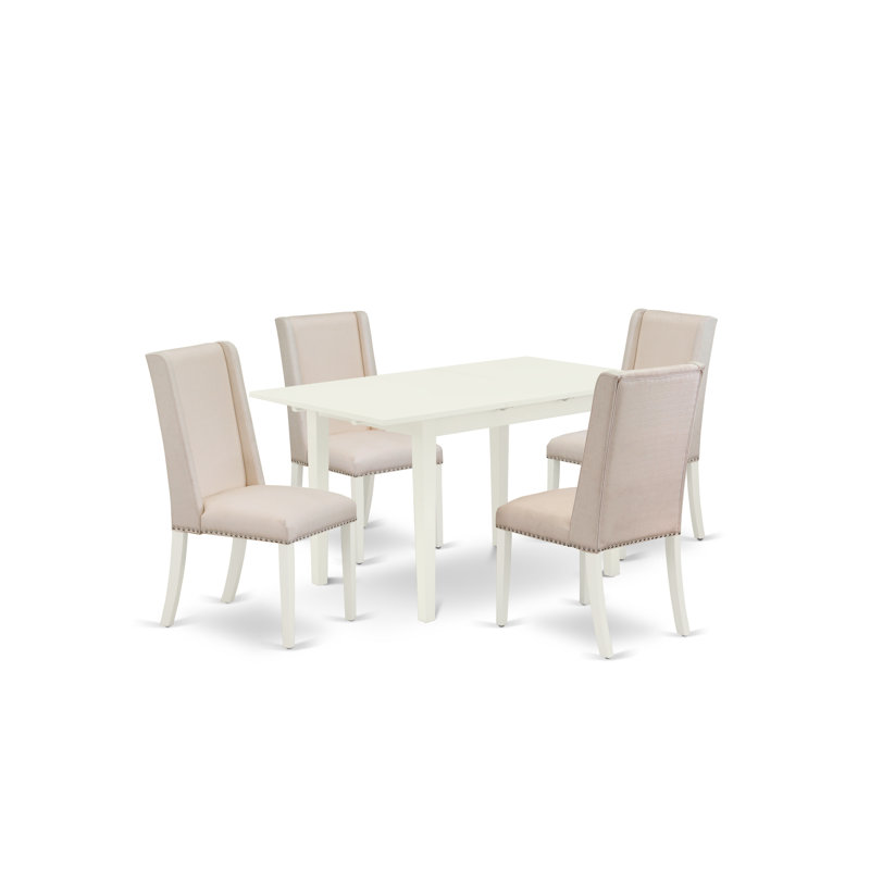Ensemble de table de salle à manger 5 pièces moderne comprenant une table rectangulaire en bois avec feuille papillon et 4 chaises rembourrées en tissu crème, lin blanc