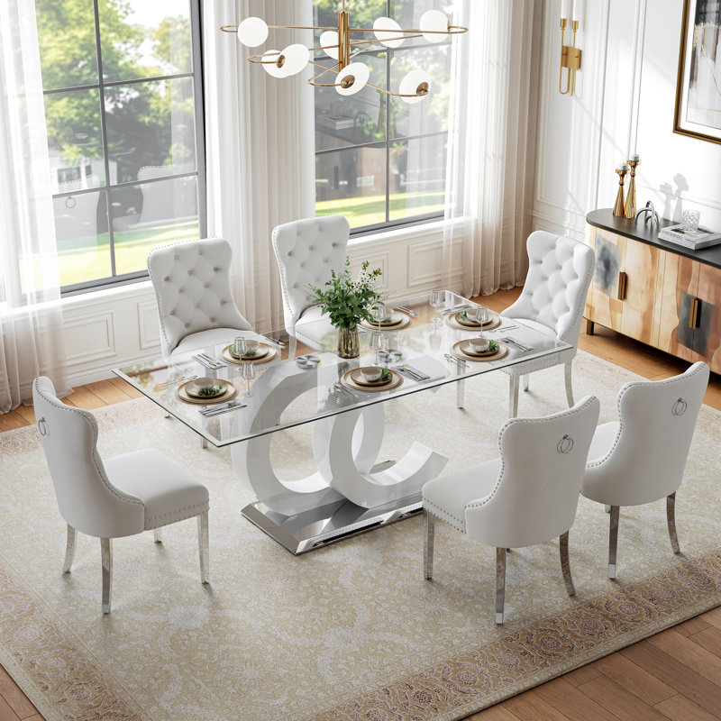Glass Dining Table Set, 70" Rectangular Tempered Glass Table with OC-Shaped Base and 4 Tufted Velvet Dining Chairs, Elegant Modern Style