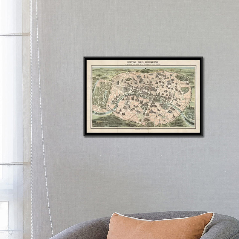 «Paris Monument Map» par Vintage Apple Collection, impression sur toile tendue, H 18 po x l 26 po x P 1,5 po, Pas de tapis
