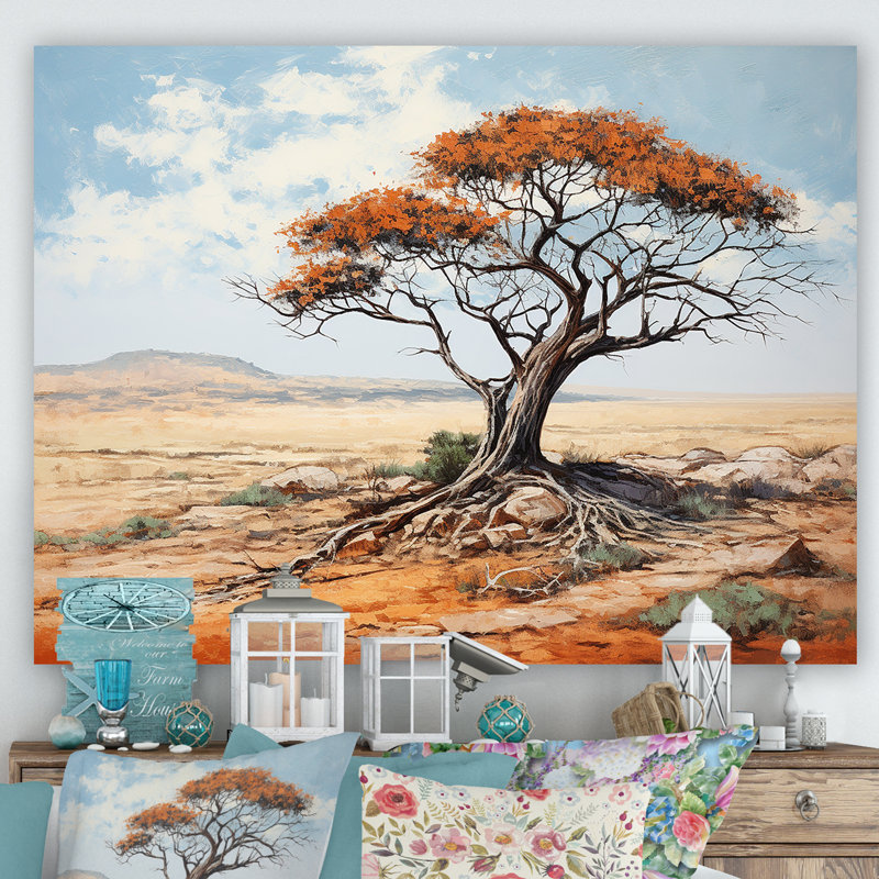 «African Desert Tree Survivor» - Art mural africain, Toile tendue, H 16 po x l 32 po x P 1 po
