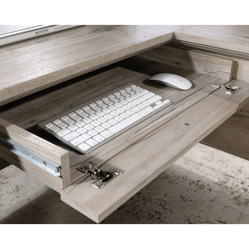 Split Oak L-Shaped Computer Desk with Drawers and Keyboard Tray