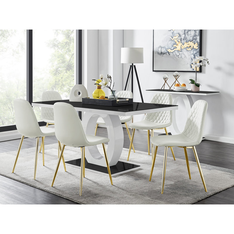 Scottsmoor Modern High Gloss Halo 6 Seater Dining Table Set with Luxury Faux Leather Dining Chairs, 7 Pieces: Table, 6 Chairs