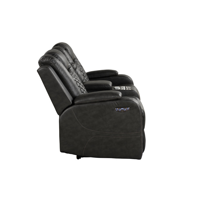 Fauteuil inclinable électrique en similicuir gris avec commande à touche unique, éclairage ambiant à la base, appuis-tête réglables et éclairage des porte-gobelets,