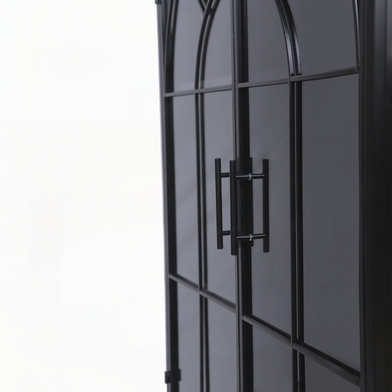 Armoire de rangement arquée moderne avec portes en verre et tablettes ouvertes