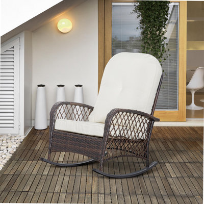 Comfortable Outdoor Wicker Rocking Chair With Wide Seat, Thick Cushion, And Durable Steel Frame For Patio And Garden Use