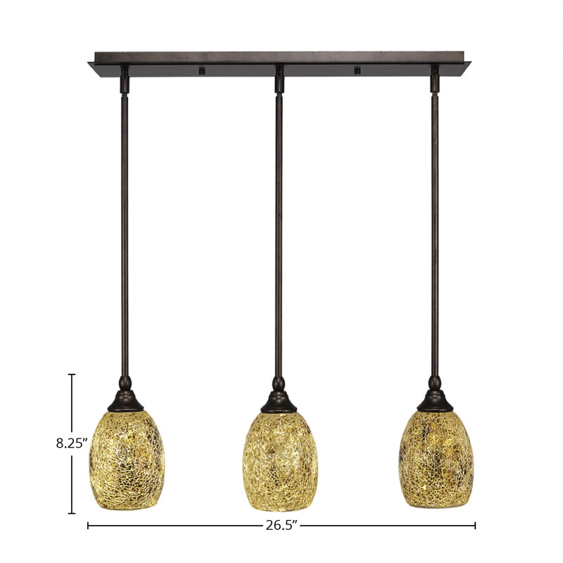 Luminaire suspendu linéaire sur pied 3 lumières avec verre fusion 5 po, H 13,25 po x l 25,25 po x P 5,5 po, Rouge, Bronze