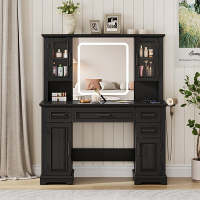 Farmhouse Vanity Desk With Mirror And Lights