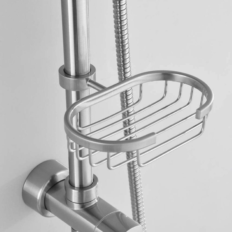 Système de douche avec pomme de douche à effet pluie, douche à main à 5 fonctions, barre coulissante réglable et porte-savon pour ensemble de robinet de salle de bain, finition nickel brossé
