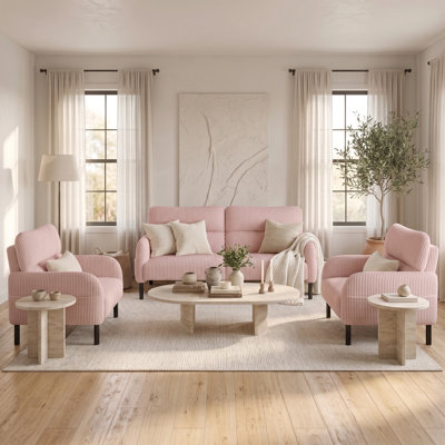 3-Piece Corduroy Living Room Sofa Set, Upholstered Loveseat with 2 Matching Accent Chairs, Modern Couch Set with Side Storage Pockets & Solid Wood Frame for Home & Apartment