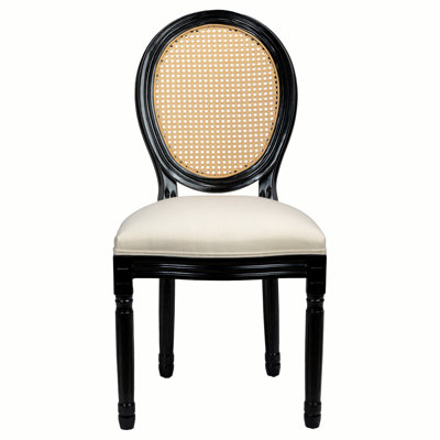 Ensemble de 2 chaises de salle à manger de style campagnard français, revêtues de tissu beige avec dossier rond en rotin, structure en bois massif noir, idéales pour la cuisine, le salon et le restaurant.