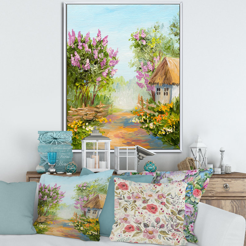 «Little House in the Blossoming Forest», peinture sur toile, H 32 po x l 16 po x P 1 po, Cadre flottant blanc