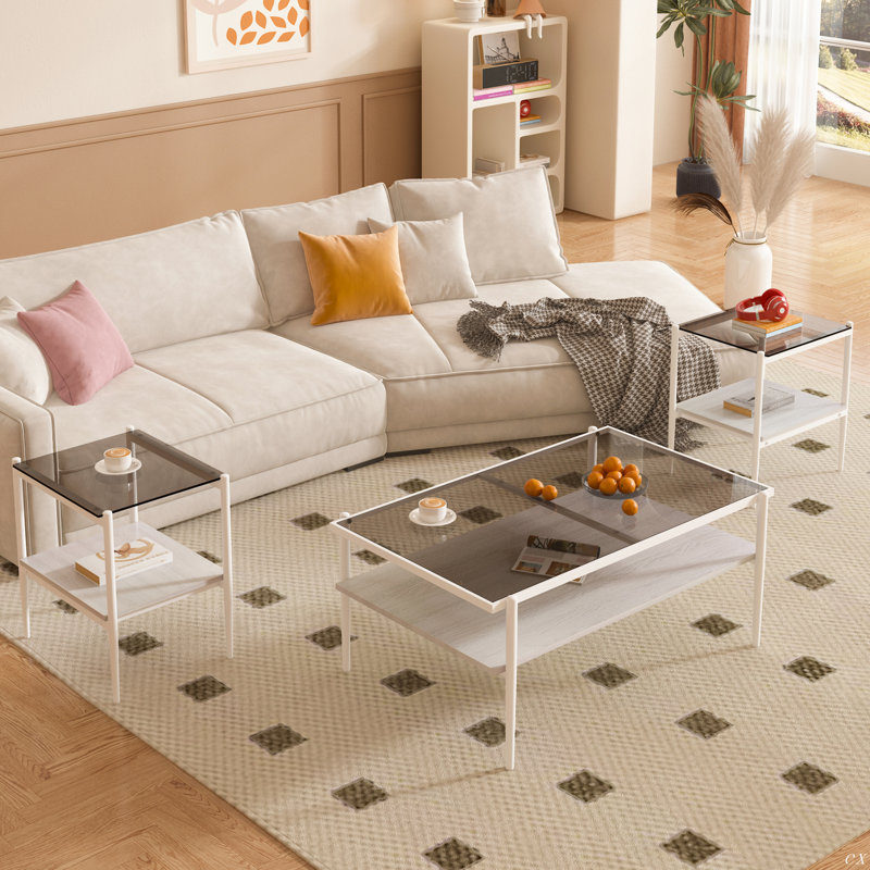 Coffee Table And End Tables Set Of 3, Tempered Glass Table With MDF Layer, Modern Tables For Living Room, White