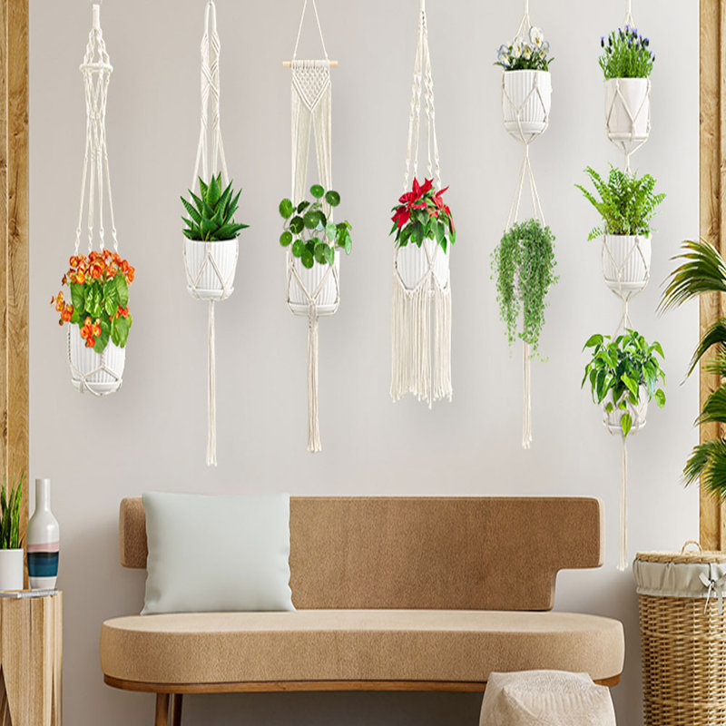6 Packs Macrame Plant Hangers With6 Set Hooks, Different Tiers Handmade Cotton Rope Hanging Planters Set Flower Pots Holder Stand For Indoor Outdoor Boho Home Decor