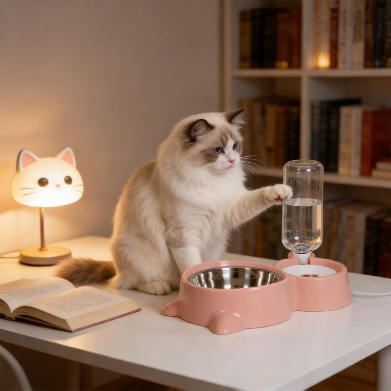 Bol à chat en acier inoxydable avec distributeur d'eau automatique 2 en 1, rose, Pink