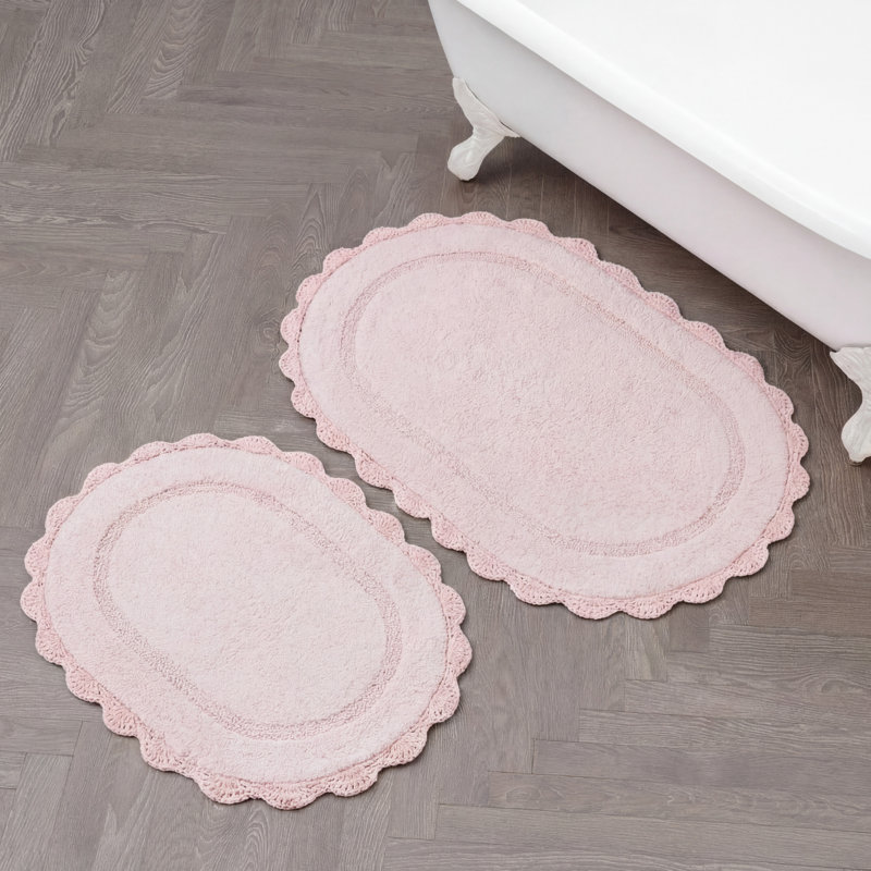 Laura Ashley Eloise Crochet Border Cotton Bath Mat, Light Pink
