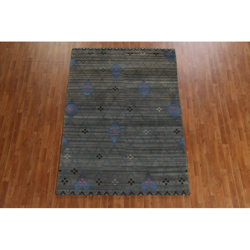 One-of-a-Kind 5'6" x 7'10" New Age Rectangle Wool Area Rug in Black and Blue