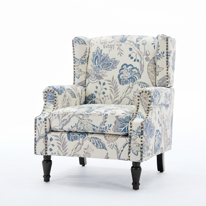 Duward Plants Blue Floral Upholstered Wingback Accent Chair with Nailhead Trim, Plants Blue 