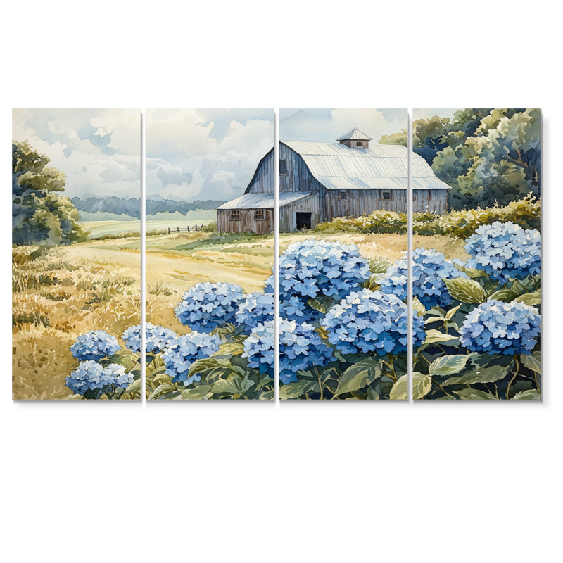 Champ d'hortensias dans la cour de ferme - Art mural hortensia - Art mural traditionnel sur toile, 4, H 28 po x l 48 po