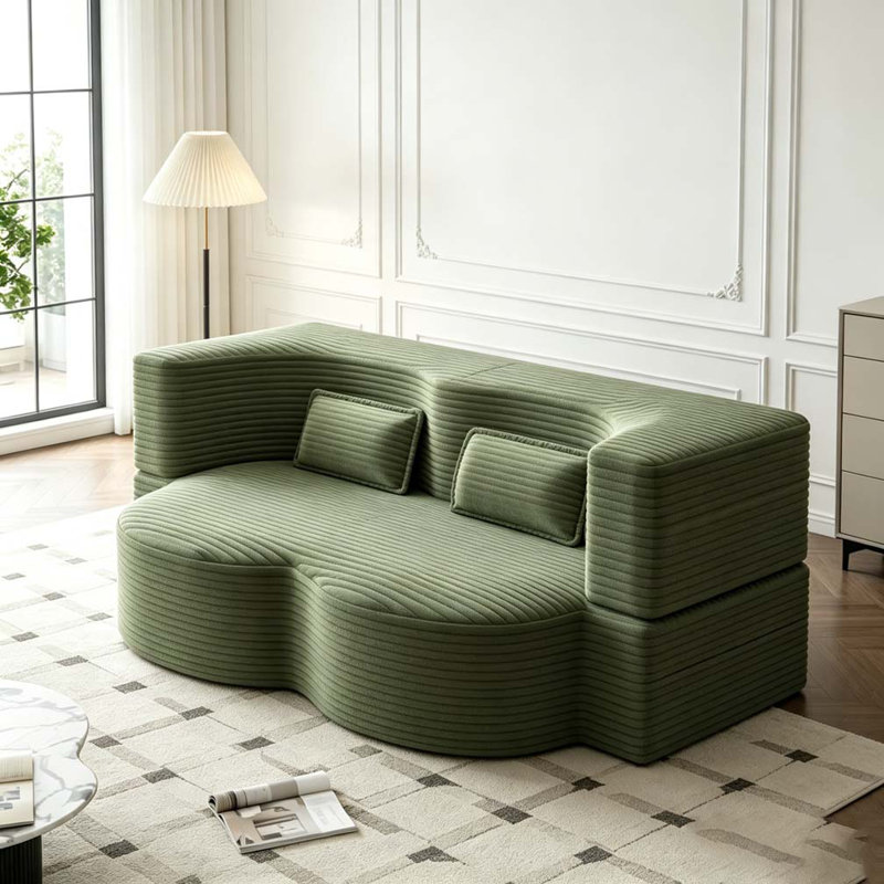 Modern Floor Sofa with 2 Pillows, Green, Corduroy