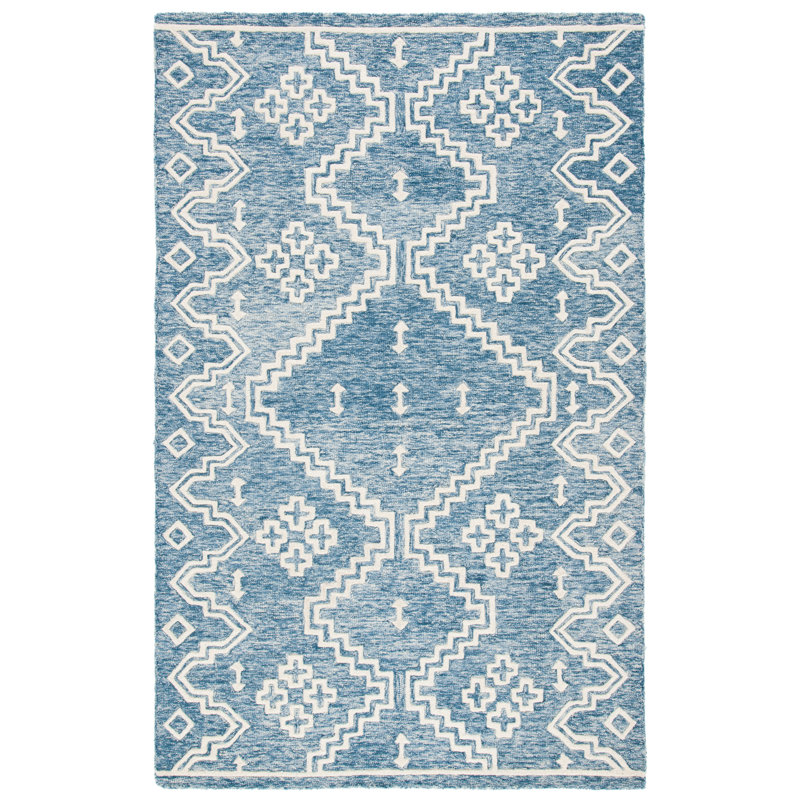 Ivory and Blue Handmade Wool Abstract Area Rug, 8' x 10'