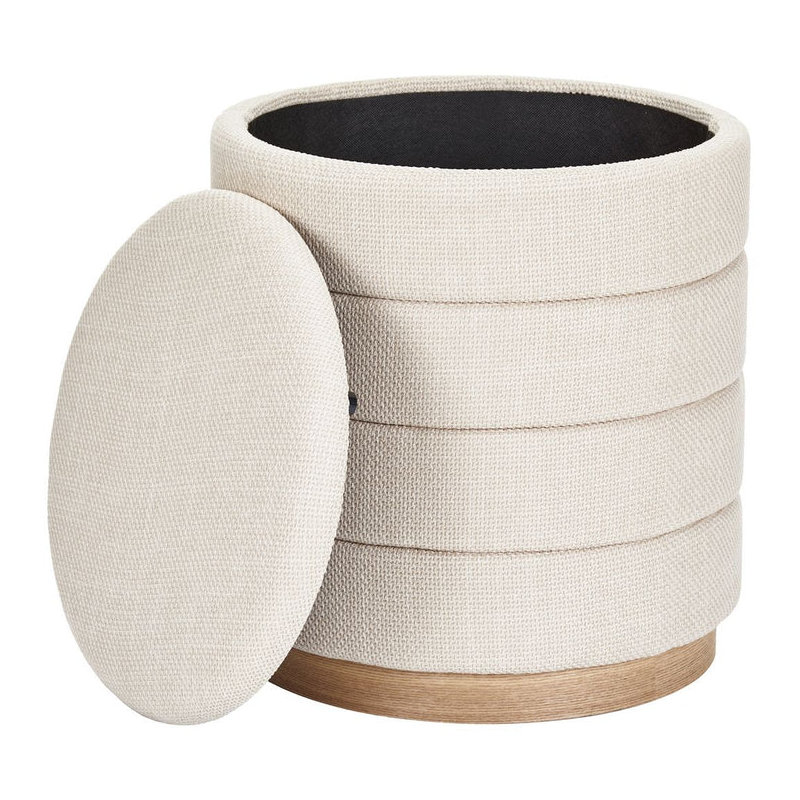 16" Round Upholstered Linen Storage Ottoman, Beige