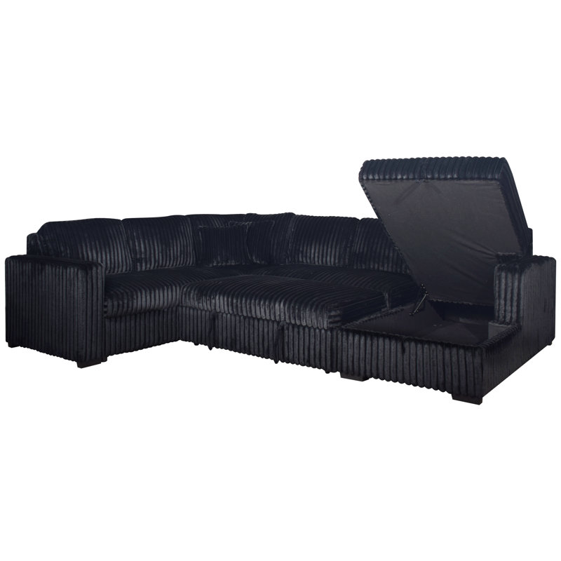 Totnes 5-Piece Fabric Upholstered Sectional With Pull-Out Bed In Midnight Black, Black Polyester