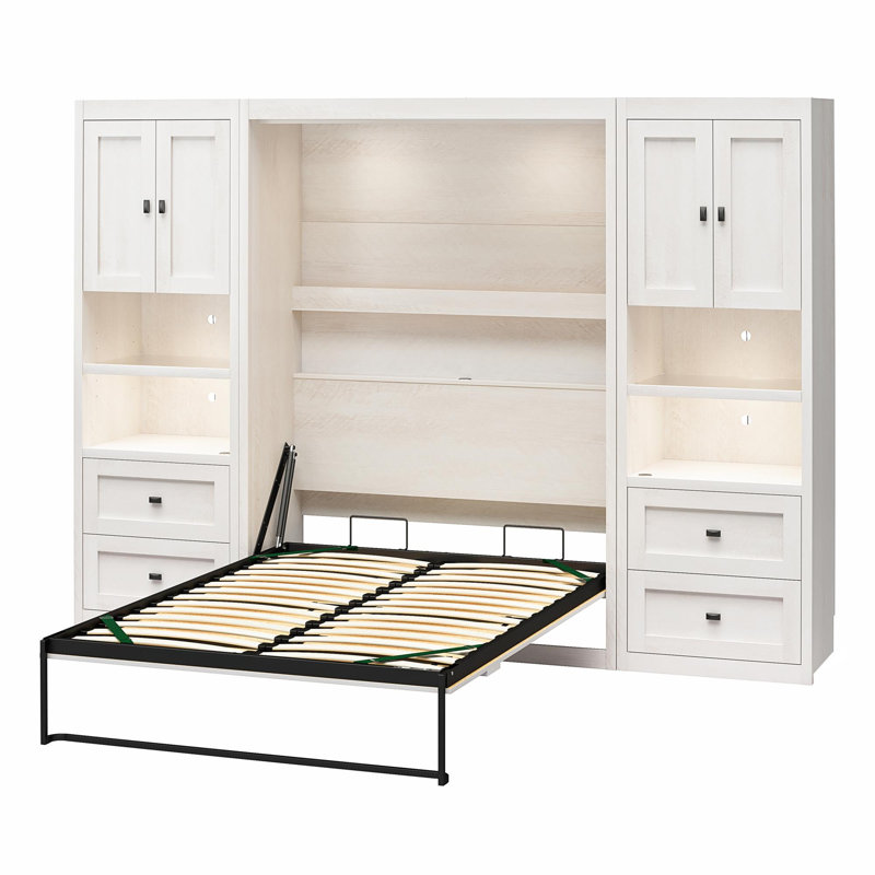 Elwina Full Murphy Wall Bed Bundle With 2 Side Cabinets, Ivory Oak