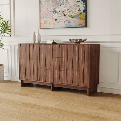 Farmhouse Style Buffet Sideboard with 2 Doors, 3 Drawers, and Walnut Stripe Grain, Perfect for Dining Room Storage and Accent