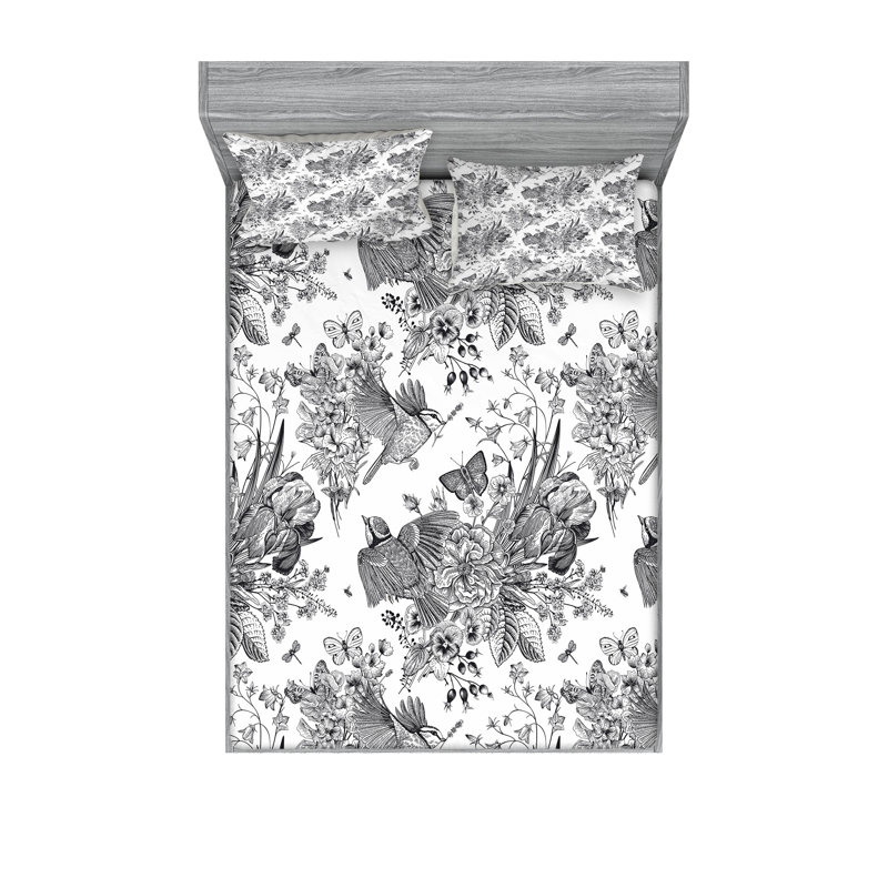 Drap-housse et coussin décoratif floral Ambesonne gris anthracite et blanc, Ensemble de draps pour très grand lit californien