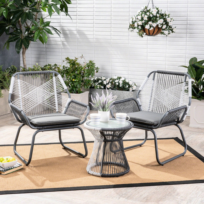 3Pc Conversation For Patio - Gray Pe And Iron Outdoor Furnishings With Waterproof Cloth, 29.26 In Depth X 28.01 Width 34.2 Height, 40.07 Lb Chatting Garden + Seating Fabric, 28.5