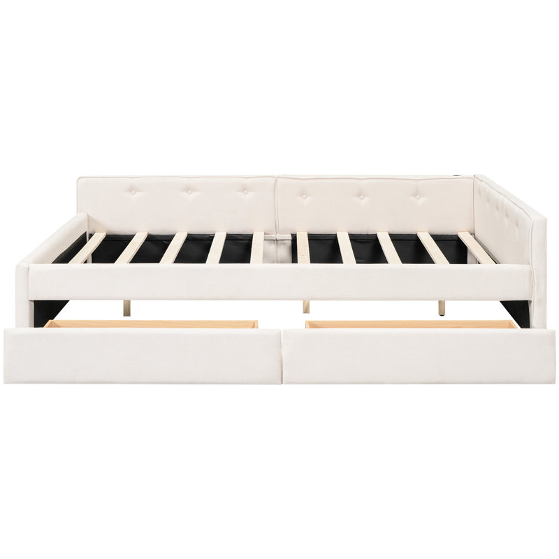 Lit rembourré beige avec 2 solutions de rangement à 2 tiroirs pour une organisation élégante d'étagères de port, Grand lit